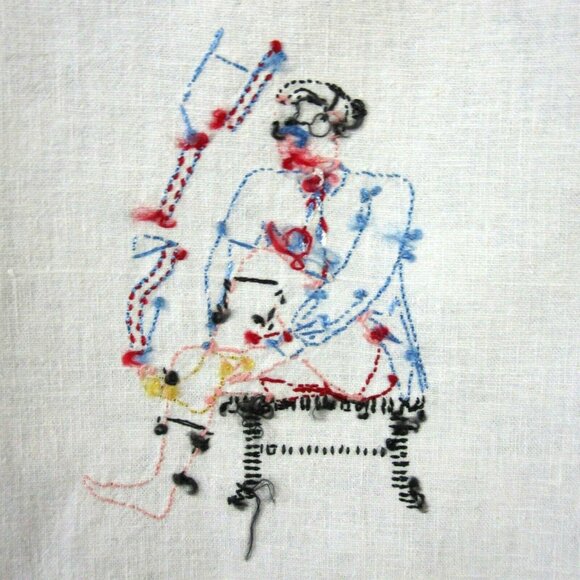 Flour Sack Linen His and Hers Towels Embroidered Crochet Edge Vintage 1950s - Picture 8 of 11